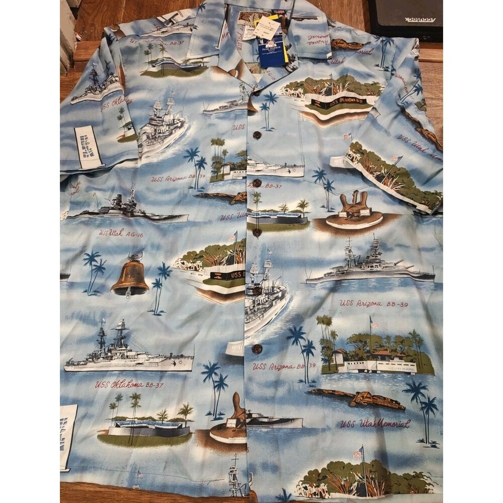 NWT Kalaheo Pearl Harbor Memorial WWII Battleships Hawaiian Shirt Mens XL